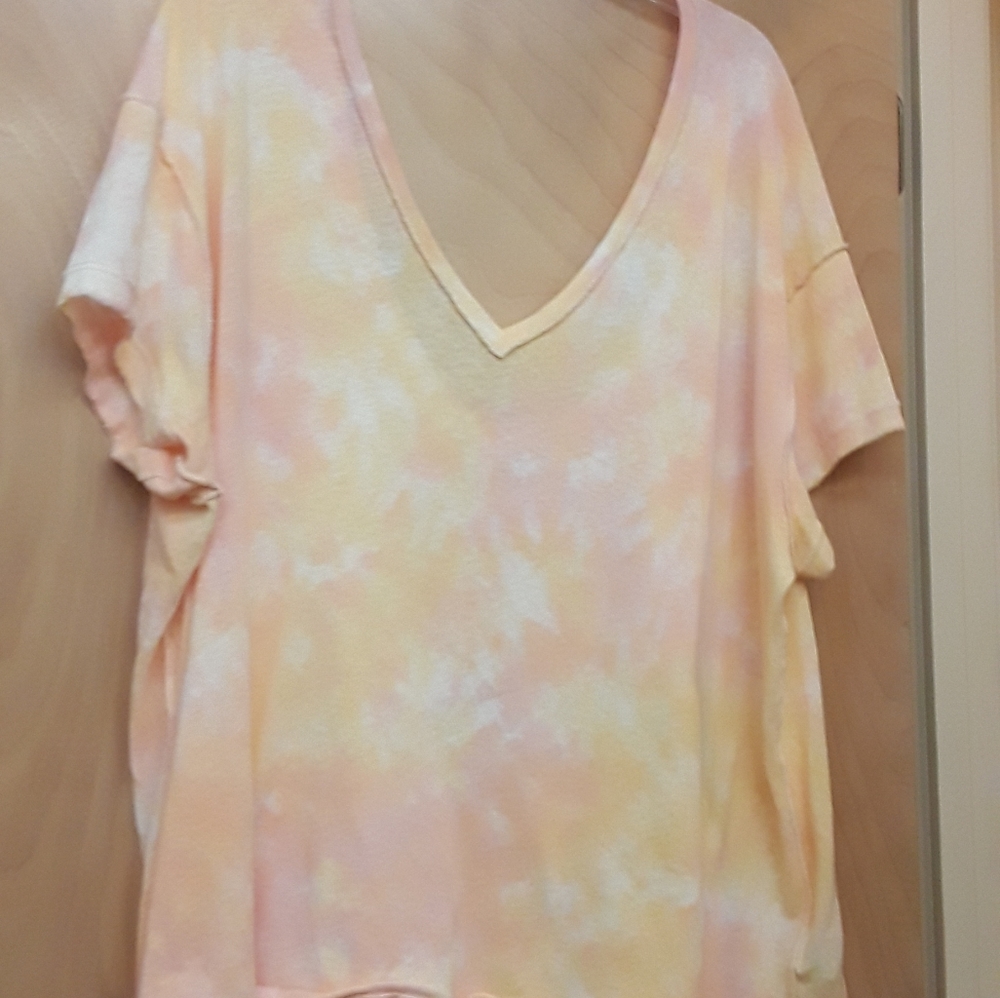 Free People Orange Pink Yellow Tie Die V Neck Knit Oversized Dolman Top L No